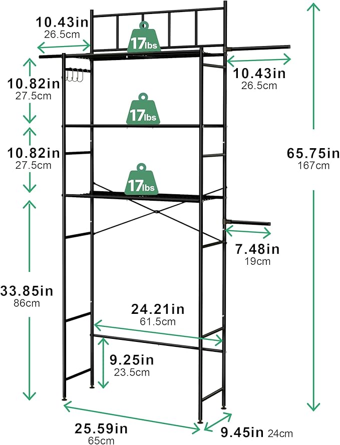 3-Tier Over The Toilet Storage Rack, Freestanding Bathroom Shelves Organizer with Hooks and Toilet Paper Holder, Space Saver Metal Shelf for Small Bathroom, Black