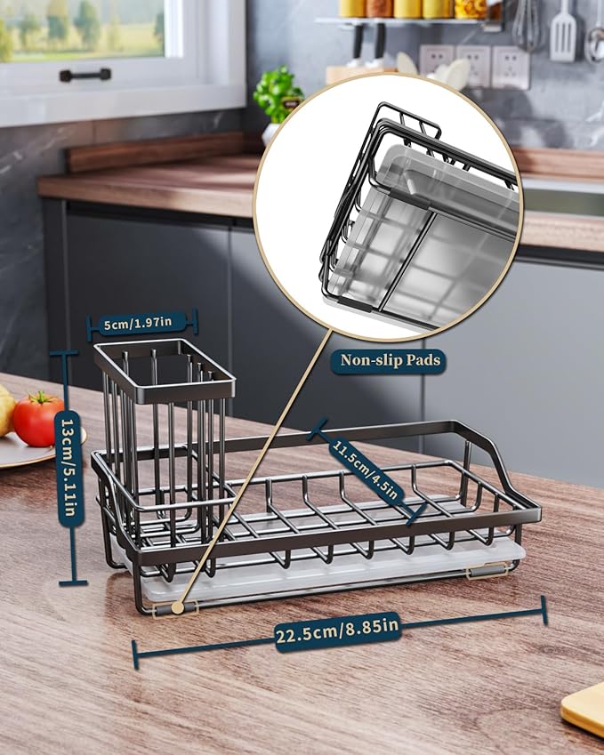 Consumest Sink Caddy, Kitchen Sponge Holder with Dish Brush Holder, Kitchen Sink Organizer with Drip Tray for Countertop Stainless Steel Rustproof, Black-Large-NeatNest