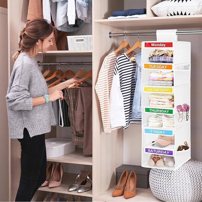 6-Shelf Weekly Closet Hanging Organizer for Kids, 6-Grid Days of the Week Baby Kids Clothing Organizer Monday through Saturday, Foldable Oxford Cloth Closet Clothes Weekday Storage (White)-NeatNest