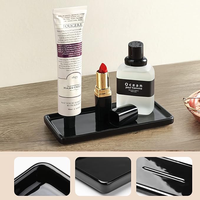 Gurygo 6" Bathroom Trays - Ceramic Vanity Tray for Bathroom - Small Ceramic Tray - Kitchen Soap Trays for Kitchen Counter - Bathtub Organizer (Black)-NeatNest