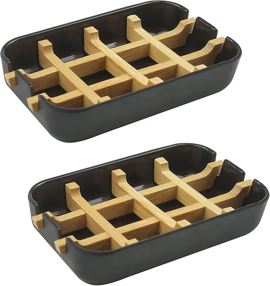 2 Pack Bamboo Soap Dish, Self-Draining Hand Soap Box, Wooden Bamboo Bar Soap Holder for Shower, Bathroom, Kitchen, Bathtub, Bar Sink (Black)-NeatNest