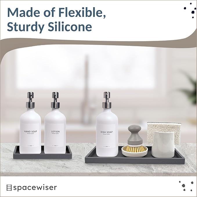 Countertop and Vanity Tray - 2 PC (11” and 7”) Shatterproof Silicone Kitchen and Bathroom Trays for Counter, Kitchen Soap Dispenser Tray, Vanity Trays for Bathroom, Perfume Key Tray-NeatNest