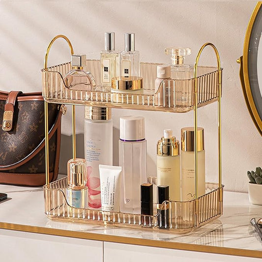 Aveniee Bathroom Counter Organizer, 2 Tier Perfume Skin Care Countertop Storage Shelf, Vanity Makeup Tray for Cosmetic Skincare Lotion, Gold-NeatNest