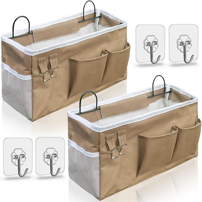 2pcs Large Wall Hanging Organizer Bag, Linen Fabric Door Hanging Storage Baskets with Pockets, Waterproof Bin for Kitchen, Bedroom, Office, RV Camper (Khaki)-NeatNest