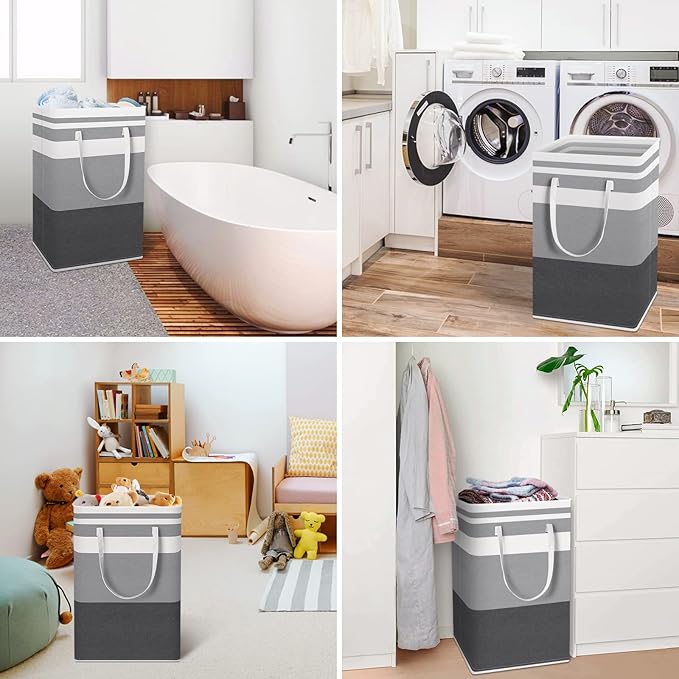 HomeHacks 2 Pack Large Laundry Baskets, Waterproof, Freestanding Laundry Hampers, Collapsible Clothes Hamper with Reinforced Handles in Laundry, College Dorm, Bathroom, Bedroom (Grey+Blue, 88Lx2)-NeatNest