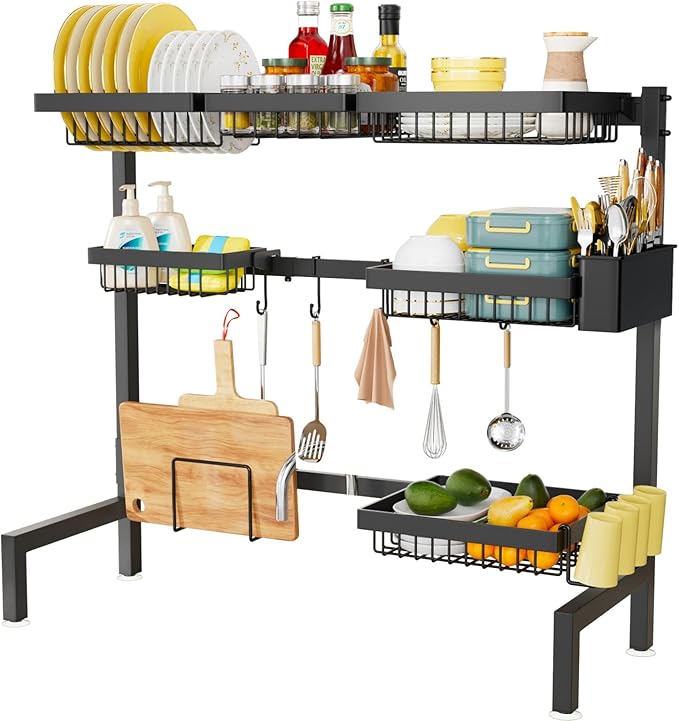 3 Tiers 6 Baskets Extendable (24.8 "-35.4") Large Dish Drying Rack,Open Lounge Sink Kitchen, Large Cutlery Drainer Iron Storage Counter Organizer