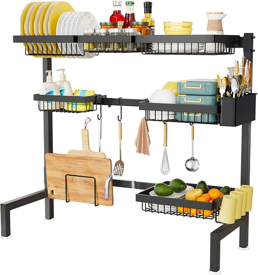 3 Tiers 6 Baskets Extendable (24.8 "-35.4") Large Dish Drying Rack,Open Lounge Sink Kitchen, Large Cutlery Drainer Iron Storage Counter Organizer