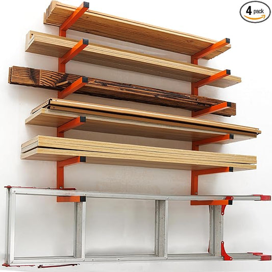 Heavy Duty Lumber Storage Rack Wall Mount, Metal Wood Rack Organizer with 6-Level Each Shelf Holds Up 200 Lbs, Indoor & Outdoor Use - 4pack