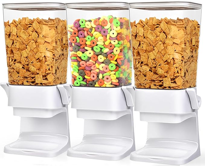 Cereal Dispenser Countertop Large Cereal Containers Storage Dispenser For Pantry Dry Food Dispenser Countertop Rice Candy Dispenser Machine For Snack,Nuts, Granola(White,3 pack)-NeatNest