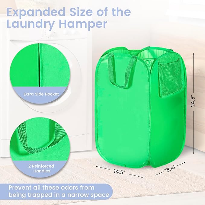 HOUSE AGAIN Upgraded Pop-up Laundry Hamper 2 Pack, Collapsible Laundry Basket with Durable Handles Solid Bottom High Steel Frame, Portable Foldable Dirty Clothes for Dorm, Laundry room Travel, Green-NeatNest