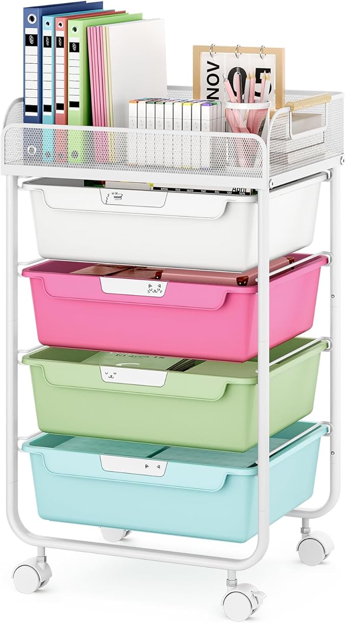 Utility Cart with Drawers,Rolling Cart with Drawers,Craft Cart,Storage Cart with 4 Drawers & DIY Lable for Office Kids Room Bedroom, Multicolor