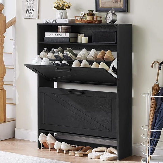 Shoe Storage Cabinet with 2 Flip Drawers,Farmhouse Narrow Shoe Organizer with Legs,Freestanding Hidden Slim Shoe Rack Cabinet with Open Storage for Entryway,Hallway, Foyer, Black-NeatNest