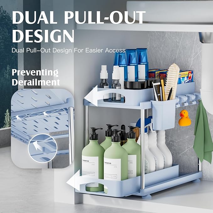 Under Sink Organizer (2 Pack), 2 Tier Under Sink Organizer, Adjustable Height Cabinet Organizer and Storage, in Blue-NeatNest