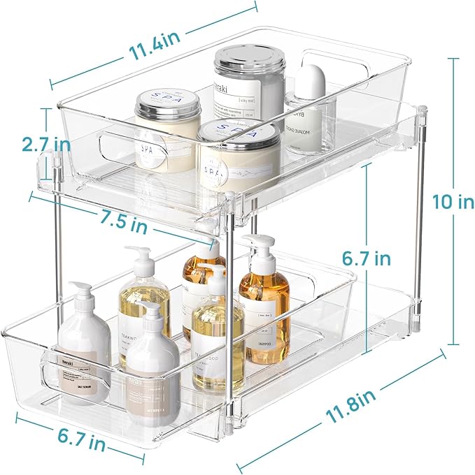 Vtopmart 4 Pack Bathroom Organizer, 2 Tier Clear Under Sink Organizers Vanity Countertop Storage Container,Cabinet Drawers Bins, Pull-Out Organization with Track for Pantry, Kitchen-NeatNest