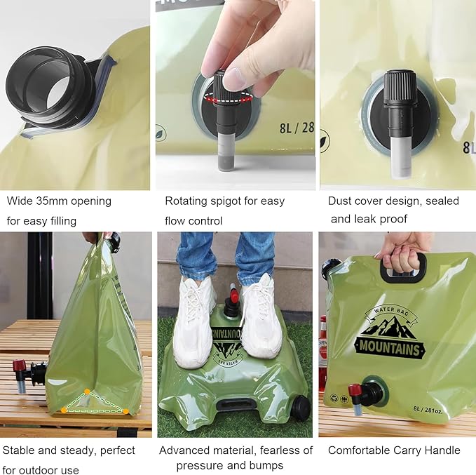 2pcs Collapsible Camping Water Container Bag, Portable Water Storage Jug with Spigot, BPA-Free Leakproof Foldable Water Bottles for Hiking, Outdoor Sports Backpack Emergency Bag, 2.1 Gallon