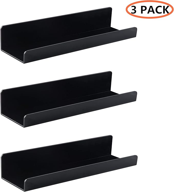 IEEK 15 Inch Black Acrylic Floating Wall Ledge Shelf,Wall Mounted Nursery Kids Bookshelf,5MM Thick Home/Office/Bathroom Storage Shelves Display Organizer Set of 3-NeatNest