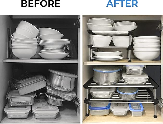 carrotez Cabinet Organizer Shelf, Set of 2 Stackable Kitchen Counter Shelves, Kitchen Cabinet Organizers and Storage, Pantry Storage Shelf Organizer, 15.7 x 7.8 x 6.1 - Black-NeatNest