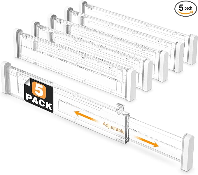 HiYZ Expandable Drawer Dividers - 12.6-22.8'' Adjustable Drawers Organizers for Kitchen Utensils, Drawer Separators in Bedroom, Dresser, Office, Bathroom, Fridge, 5 Pack Long Dividers-Clear-NeatNest