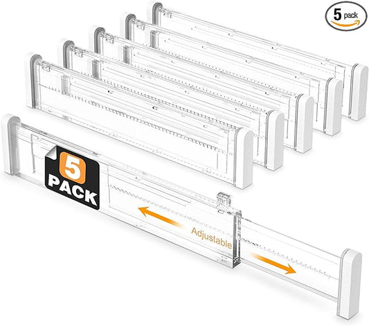 HiYZ Expandable Drawer Dividers - 12.6-22.8'' Adjustable Drawers Organizers for Kitchen Utensils, Drawer Separators in Bedroom, Dresser, Office, Bathroom, Fridge, 5 Pack Long Dividers-Clear-NeatNest