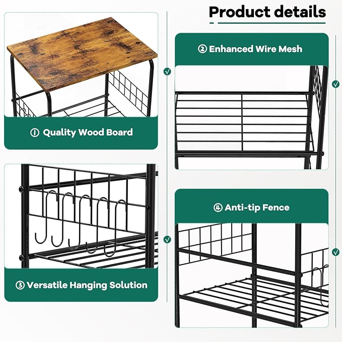 Storage Shelves with Wheels 5 Tier Metal Wire Storage Rack with Wooden Top, Versatile Utility Organizer with Side Hooks Free Standing Rolling Cart for Bathroom, Living Room, Kitchen, Laundry, Brown
