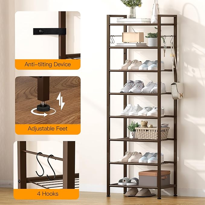 usikey 8 Tiers Narrow Shoe Rack 16-24 Pairs, Sturdy Metal Tall Shoe Rack with 4 Hooks, Slim Shoe Storage Organizer with Metal Shelf, Space Saving Vertical Shoe Shelf for Entryway, Closets, Bronze-NeatNest