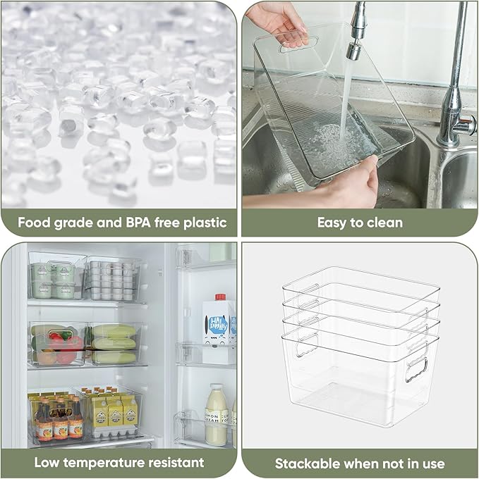BALEINE Clear Plastic Storage Bins, Pantry Organization, BPA Free Stackable Refrigerator Organizers and Storage with Handles for Kitchen Fridge Cabinet Bathroom (8PK, 9.5x5.5x4.5)-NeatNest