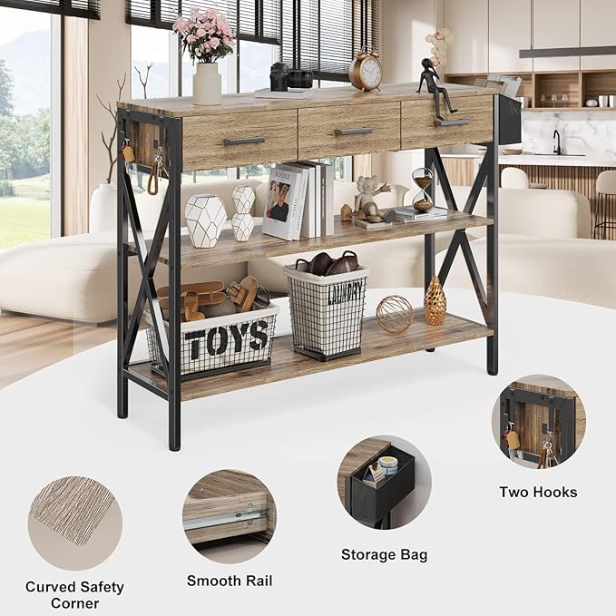 Gizoon 47" Entryway Table with 3 Drawers and 3 Tier Storage Shelves, Industrial Narrow Long Sofa Table, Farmhouse Style Console Table for Living Room, Hallway, Couch, Small Spaces - Grey-NeatNest