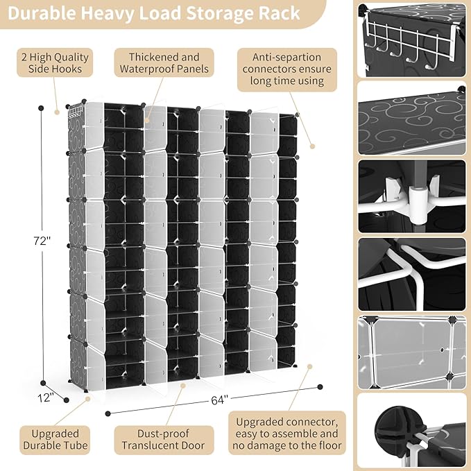 Portable Shoe Rack Organizer with Door, 96 Pairs Shoe Storage Cabinet Easy Assembly, Plastic Adjustable Shoe Storage Organizer Stackable Detachable Free Standing DIY Expandable 12 Tier Black-NeatNest