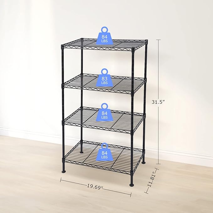 4 Tier Wire Shelving Unit, Height Adjustable Wire Shelves with NSF Certified, Metal Storage Rack Shelf Unit for Kitchen, Laundry, Bathroom, Pantry, Closet (12" D x 19.7" W x 31.5" H, Black)