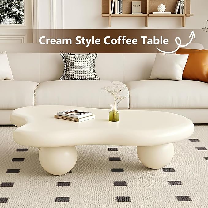 Cloud-Shape Cute Cream White Irregular Coffee Table with 3 Short Legs Modern Live Round Edge Coffee Table for Living Room Bedroom Easy Assembly,Cloud b White 47.2"-NeatNest