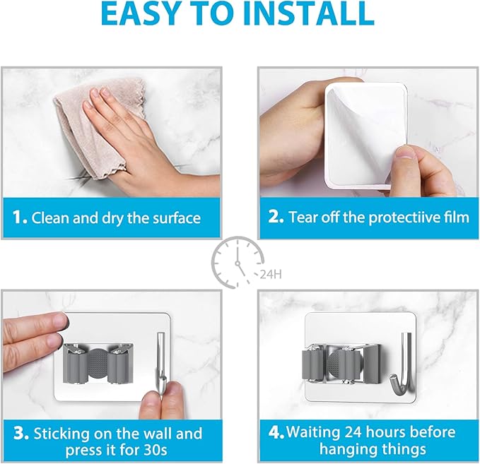 Mop Broom Holder No Drill, Mop Broom Organizer Wall Mounted Heavy Duty with Hooks Hanger, Self Adhesive Stainless Steel 4Pcs for Bathroom, Kitchen, Office (Grey)-NeatNest