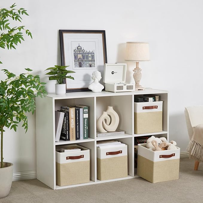 Collapsible Fabric Storage Cube Bins with 2 Reinforced PU Handles, Foldable Storage Organizer Baskets for Closet, Shelves, Living Room | 11"x11"x11", 4 Pack, Beige & White-NeatNest