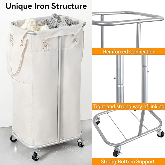 WOWLIVE 100L Rolling Laundry Hamper with Wheels Large Basket Organizer Laundry Cart with Steel Frame and Removable Bag Foldable Tall Dirty Clothes Hamper Dorm Room Storage for Bedroom (Light Beige)
