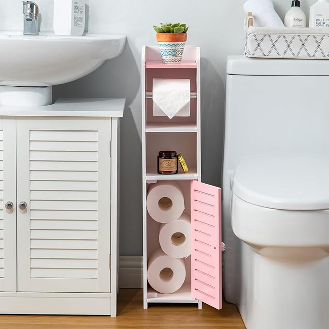 AOJEZOR Toilet Paper Holder Stand: Small Bathroom Storage Cabinet - Rose Dawn - White-NeatNest