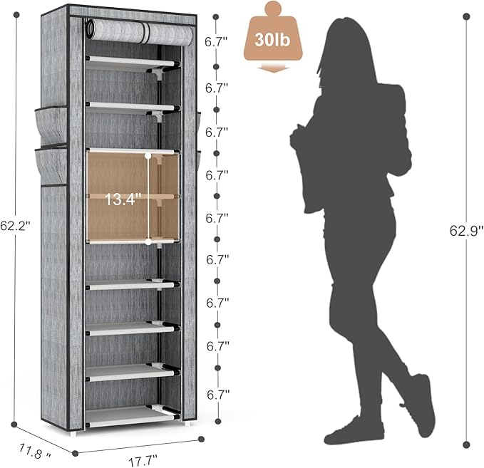 Shoe Rack with Cover Narrow Shoe Rack Organizer with 4 Side Pockets 10 Tier Tall Shoe Storage Shoe Shelf Holds 18-22 Pairs Shoes and Boots Shoe Rack for Closet, Printing-NeatNest