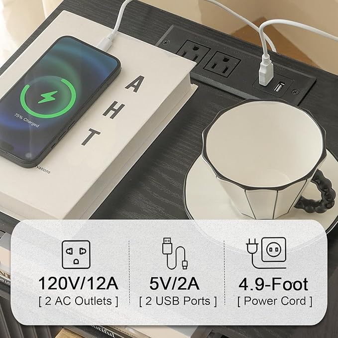 Black Nightstand with Charging Station, Mid Cetury Modern Nightstand with Drawers, Fluted End Side Table with Solid Wood for Bedroom, Dorm and Small Space (Black)-NeatNest