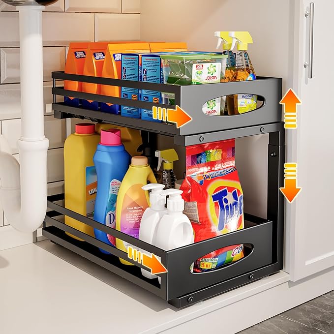 Under Sink Organizer, 2 Tier Under Sink Organizers and Storage, Adjustable Height, Slide out Metal Cabinet Organizers, Pull out Cabinet Storage Drawer Shelf for Kitchen Bathroom Black, 1 Pack-NeatNest