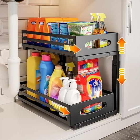 Under Sink Organizer, 2 Tier Under Sink Organizers and Storage, Adjustable Height, Slide out Metal Cabinet Organizers, Pull out Cabinet Storage Drawer Shelf for Kitchen Bathroom Black, 1 Pack-NeatNest