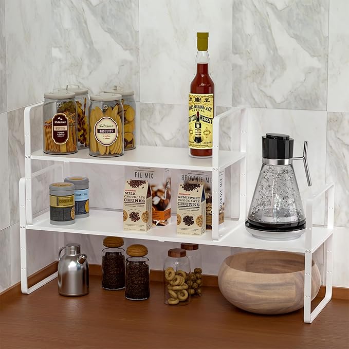 Expandable Kitchen Cabinet Shelf Organizers 2 Pack, Stackable Metal Pantry Storage Shelves Rack, Adjustable Counter Shelf for Cabinets, Countertop, Cupboard Organizers and Storage, White-NeatNest