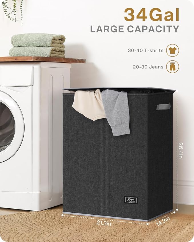 SOLEDI Double Laundry Hamper with Lid, 130L Clothes Hamper 2 Section, Laundry Basket with Removable bag, Bed room decor aesthetic, laundry room organization, Home and dorm room essentials-NeatNest