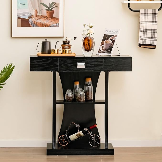 Giantex Narrow Console Table T-Shaped - Behind Couch Table with Drawer, Shelves, Dual Anti-Tipping Kits, Modern Foyer Table, Sofa Side Table for Living Room, Entryway, Hallway, Entry Table (Black)-NeatNest