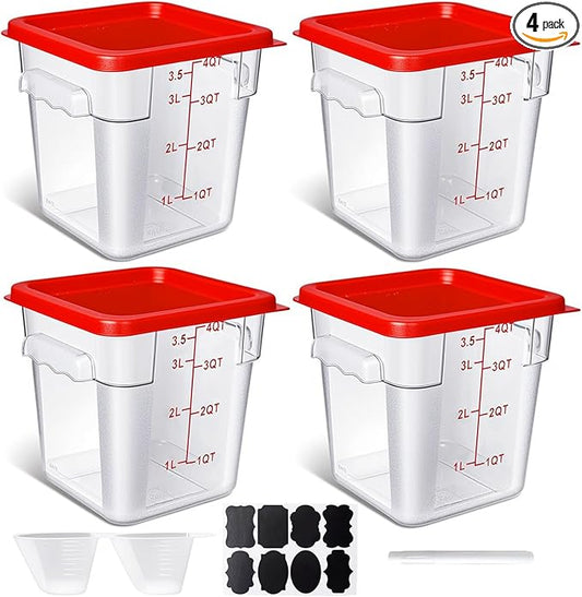 4 Pack 4QT Food Storage Containers with Red Lids, Clear Square Commercial Food Grade Storage Containers with Handles and Scales, BPA-Free Airtight Restaurant Container for Sourdough, Marinating Meat