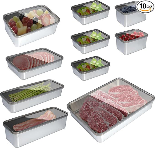 10 Pack Bacon Cheese Meat Storage Container Stainless Steel Airtight Storage Container Kitchen Food Storage Containers Fruit Tray with Lids Stackable Fridge Organizer Bins for Fruit Vegetable Food
