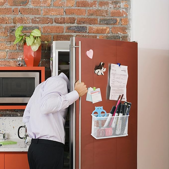 dedoot Magnetic Pencil Holder for refrigerator Storage Magnetic Basket Mesh White Strong Magnetic Pen Holder for Refrigerator,Whiteboard, Locker, Home and Office Organizer, 6.3x2.3x3.6inch-NeatNest