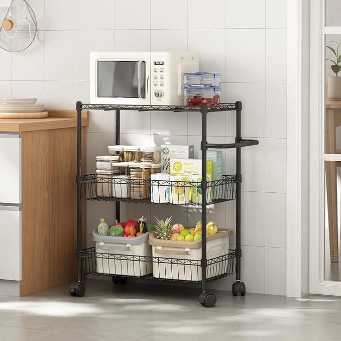 3 Tier Rolling Storage Cart with Adjustable Wire Shelving, 360-Degree Rotating Wheels with Brakes, Sturdy Carbon Steel Build, Versatile for Kitchen, Bathroom, and Office