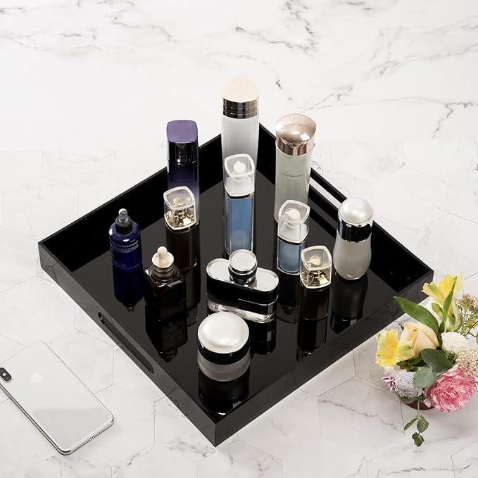Glossy Black Acrylic Serving Tray - 14x14Inch, Multipurpose, Sturdy, Modern Style, Spill Proof, Countertop Organizer, Vanity Table Tray-NeatNest