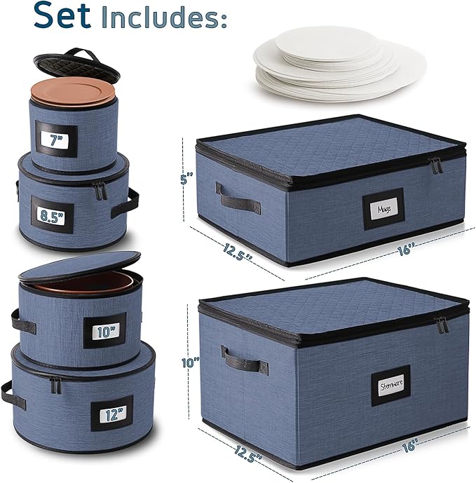 Hearth & Harbor Fine China Storage Containers, 6 Piece Dish Storage Containers, Stackable Plate Storage, Coffee Mug Storage and Wine Glass Storage Box with Dividers, Quilted Dish Organizers, Blue-NeatNest