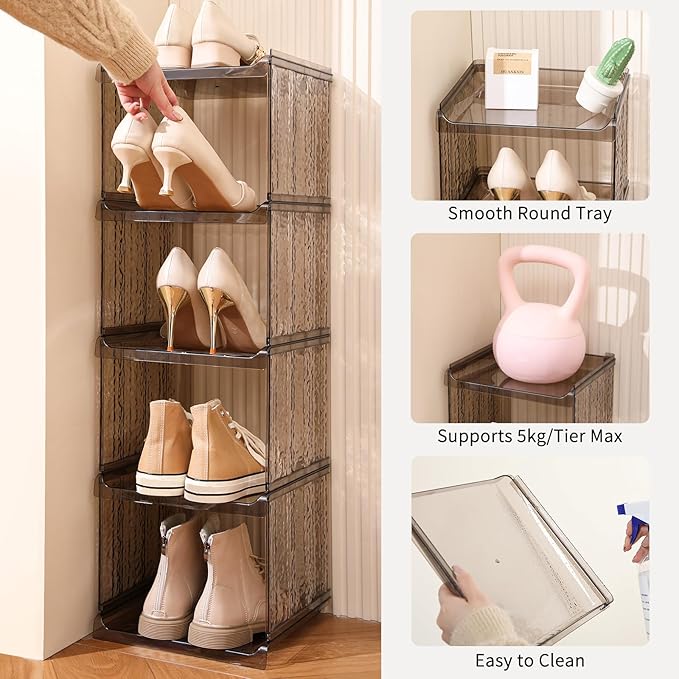 HAIXIN Vertical Shoe Rack for Closet, 5-Tier Modular Shoe Organizer for Front Door Entrance, Shoe Storage Cabinet, Narrow Stackable Shoe Stand Shelf Tower Space Saving for Entryway, Corner - Brown-NeatNest