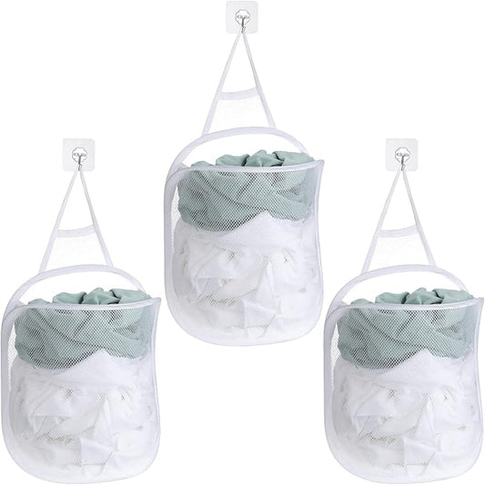 3 Pieces Hanging Laundry Hamper Laundry Bag to Hang Foldable Mesh Hamper Dirty Cloth Basket with Carry Handle Door Net for Store Cloth, Toy, Camping, Hotel Use-NeatNest