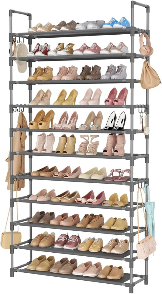 11 Tiers Tall Shoe Rack Holds 55 Pairs of Shoes with 18pcs Hooks Sturdy Wide Shoe Organizer Storage Free Standing Metal Shoe Shelf for Closet, Entryway Grey-NeatNest